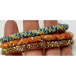 Crochet Seed Bead Bracelet Set of 3 Aqua Orange Brown Gold Stackable